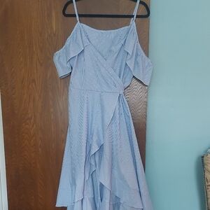 Flouncy Off-shoulder Blue Striped Wrap Dress